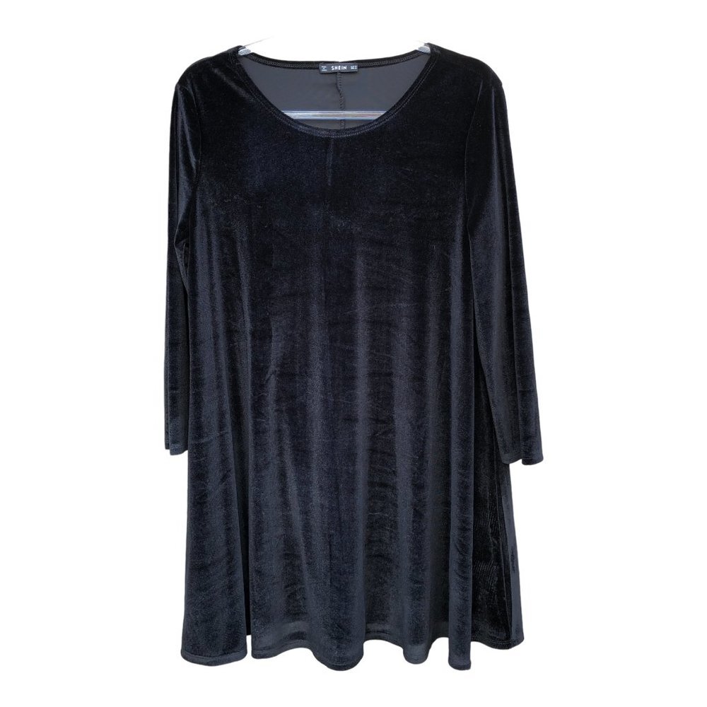 Shein Black Long Sleeve Velvet Tunic Dress Medium - Picture 2 of 6